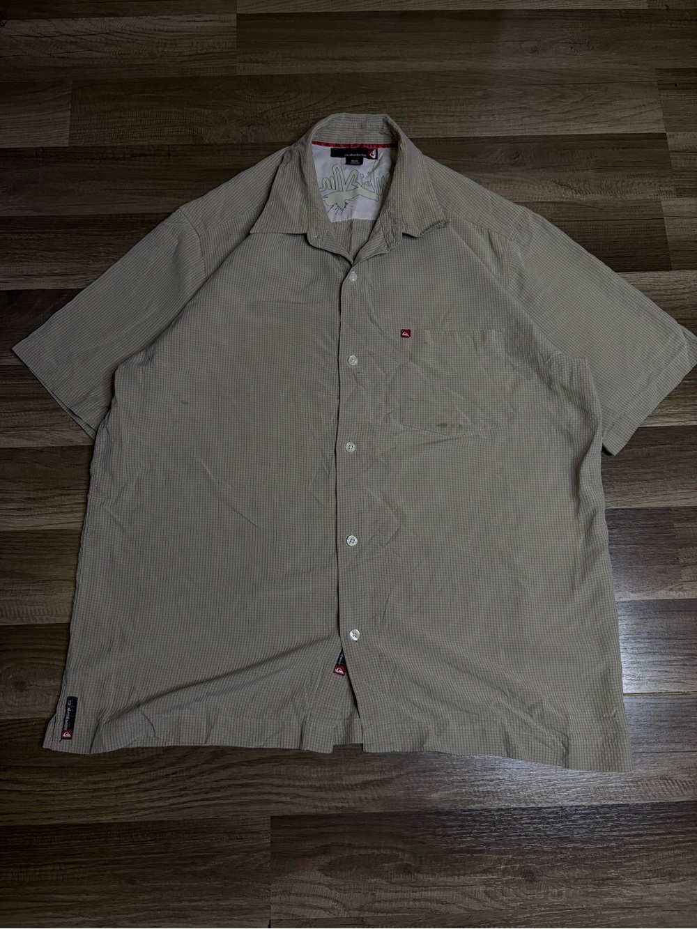 Quiksilver Men's Beige Check Woven Short Sleeve Button-Up Point Collar Shirt M